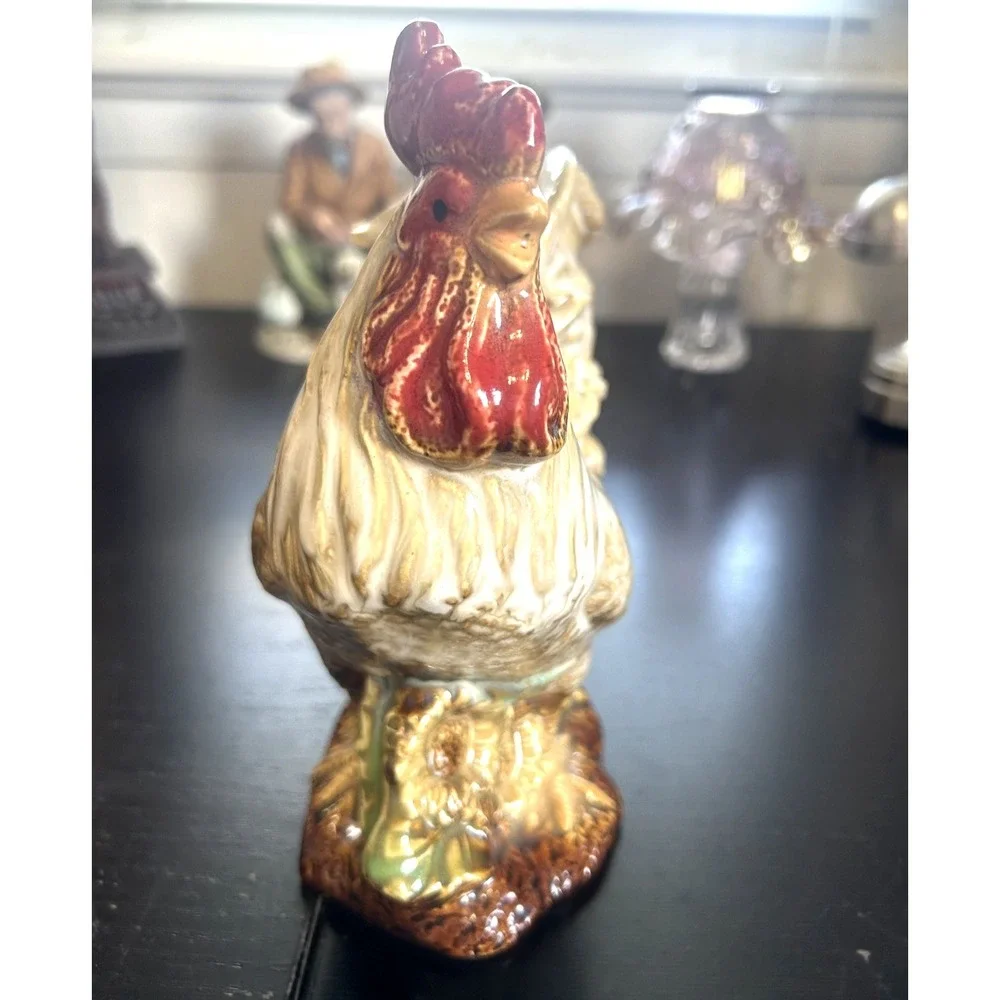 Vintage Style Rooster Figurine Gold White Ceramic Farmhouse Decor